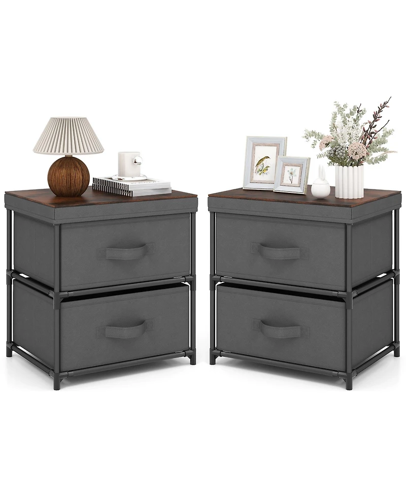 2-Drawer Nightstand with Fabric Bins and Pull Handles – Set of 2 Bedroom Storage Solutions