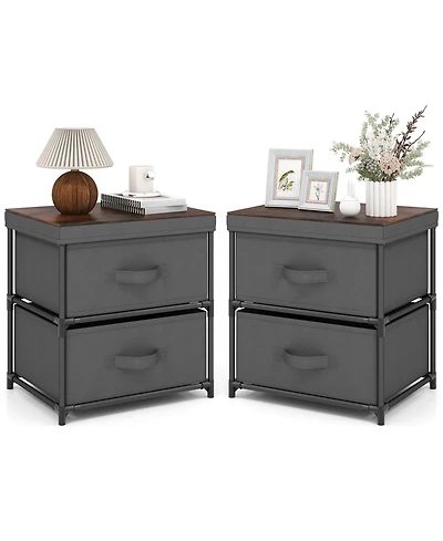 2-Drawer Nightstand with Fabric Bins and Pull Handles – Set of 2 Bedroom Storage Solutions