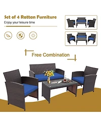 4PCS Patio Rattan Furniture Set Cushioned Chair Sofa Coffee Table