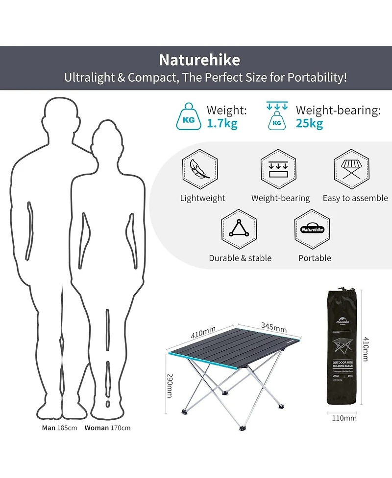 Naturehike FT08 Portable Camping Table, Ultralight Aluminum Folding Beach Table with Carry Bag for Outdoor Cooking, Picnic, Camp, Boat, Travel