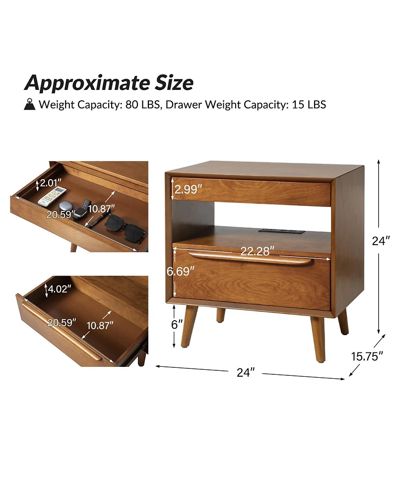 Jeraldo Mid-Century Modern 2-Drawer Nightstand with Built-In Outlets and Wooden Handle