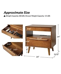 Jeraldo Mid-Century Modern 2-Drawer Nightstand with Built-In Outlets and Wooden Handle