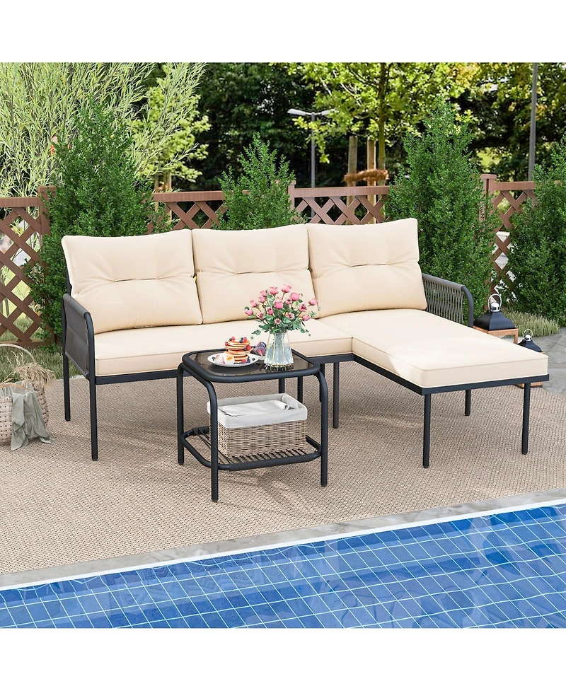 Gymax 3-Piece L Shaped Patio Furniture Set w/Tempered Glass Table Back & Seat Cushions