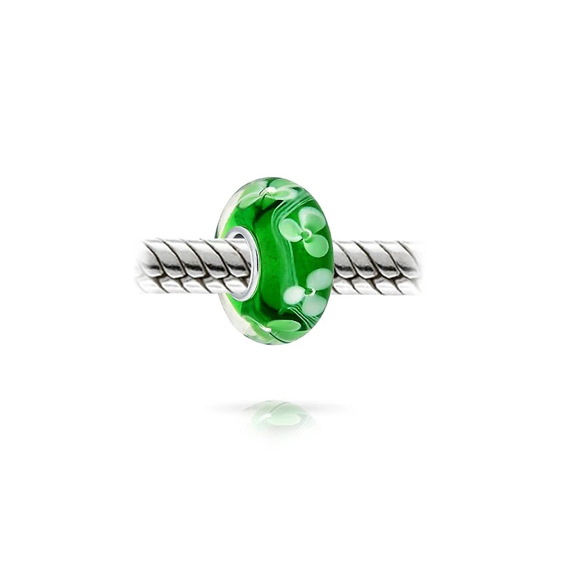 Bling Jewelry Set of 4 Green Floral Hibiscus Glass Charm Bead Silver for European Bracelet