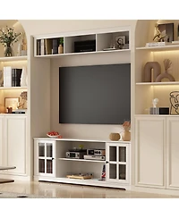 White Tv stand with top cabinets, entertainment center with tempered glass doors, wooden media console