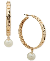 Karl Lagerfeld Paris Gold-Tone Imitation Pearl Charm Logo Curb Chain Hoop Earrings
