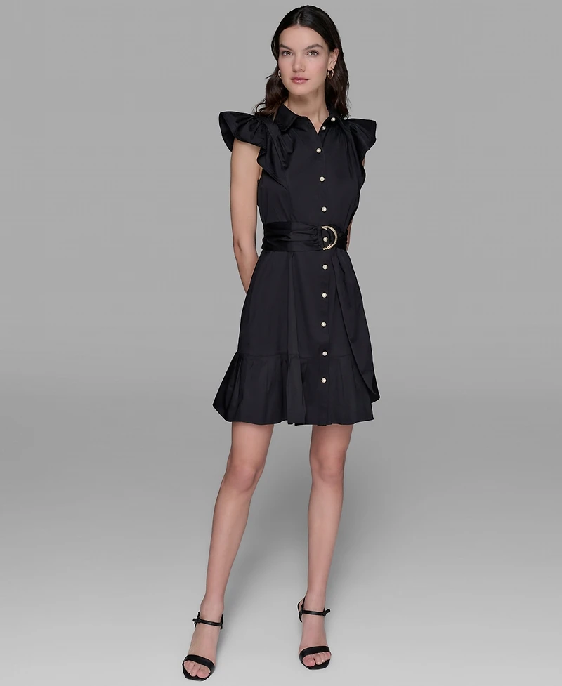 Karl Lagerfeld Paris Women's Flutter-Sleeve Belted Flounce-Hem Dress