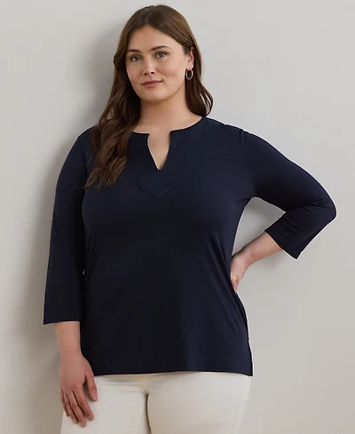 Lauren Ralph Women's Plus Split-Neck Three-Quarter Sleeve Cotton Tunic