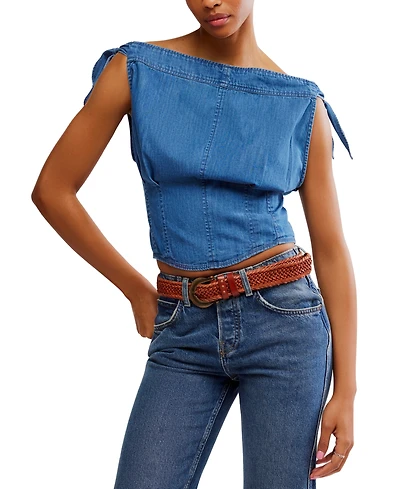 Free People Women's Louie Cotton Denim Tie-Shoulder Top