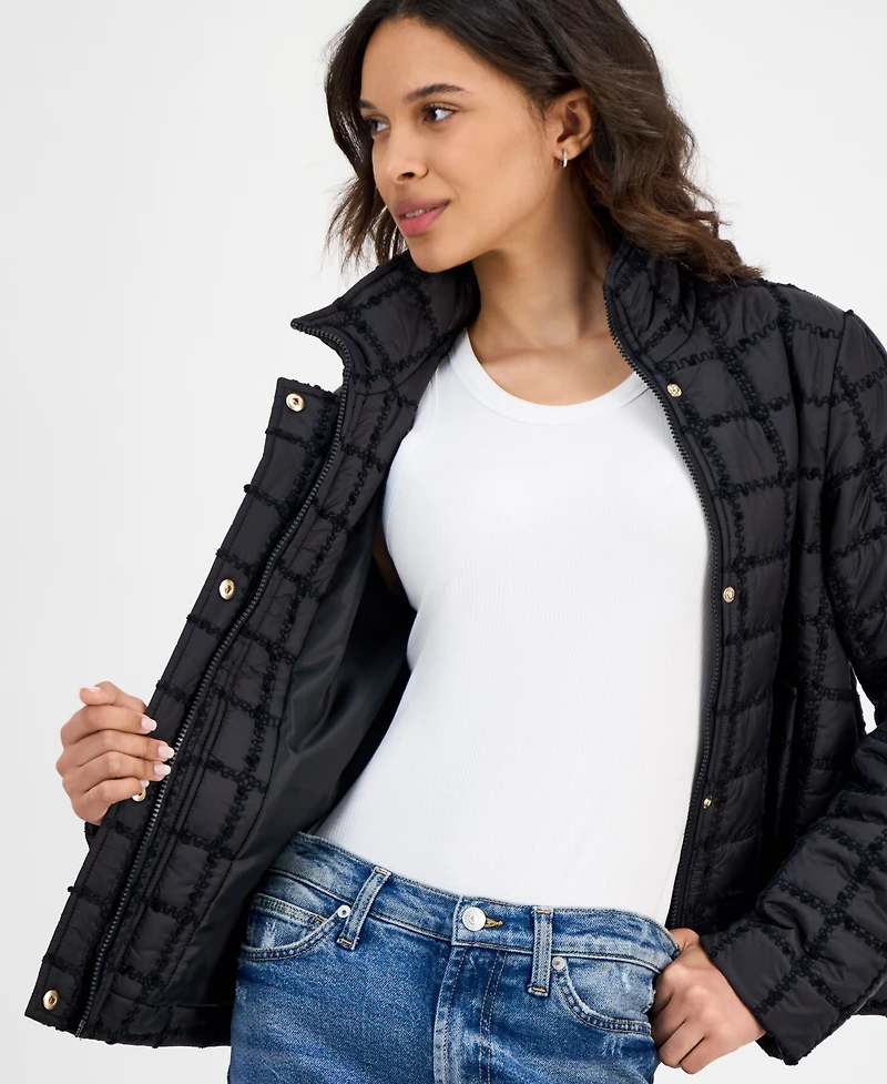 CeCe Women's Short Boucle Windowpane Quilted Coat