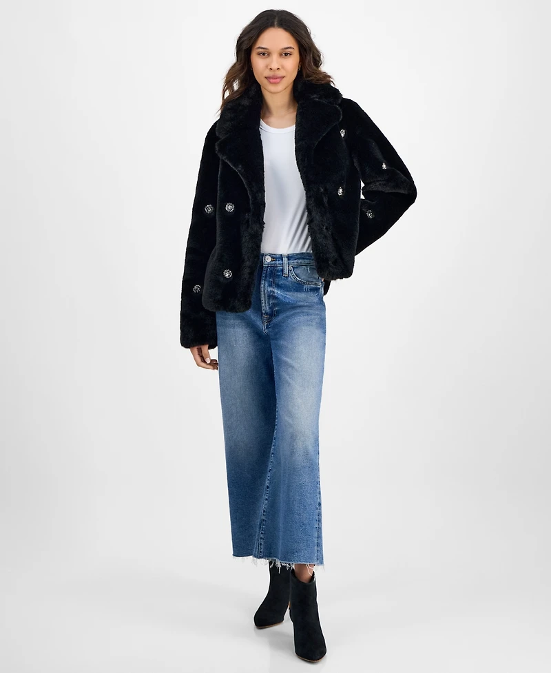 CeCe Women's Short Embellished Faux-Fur Coat