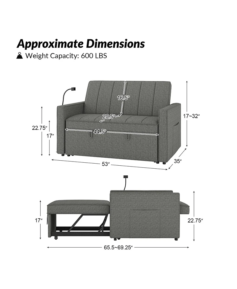 Duncan Modern Channel Tufted Upholstered Sleeper Sofa With Built-In Usb Port