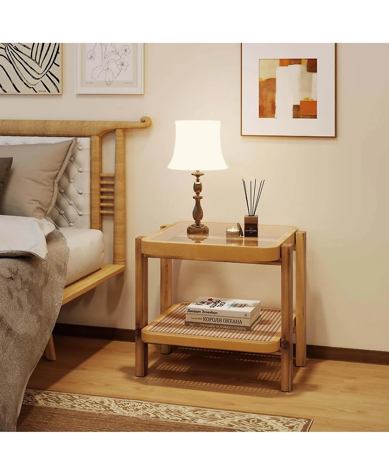 Pcs End Table with Tempered Glass Top Acacia Wood Legs Rattan Storage Shelf