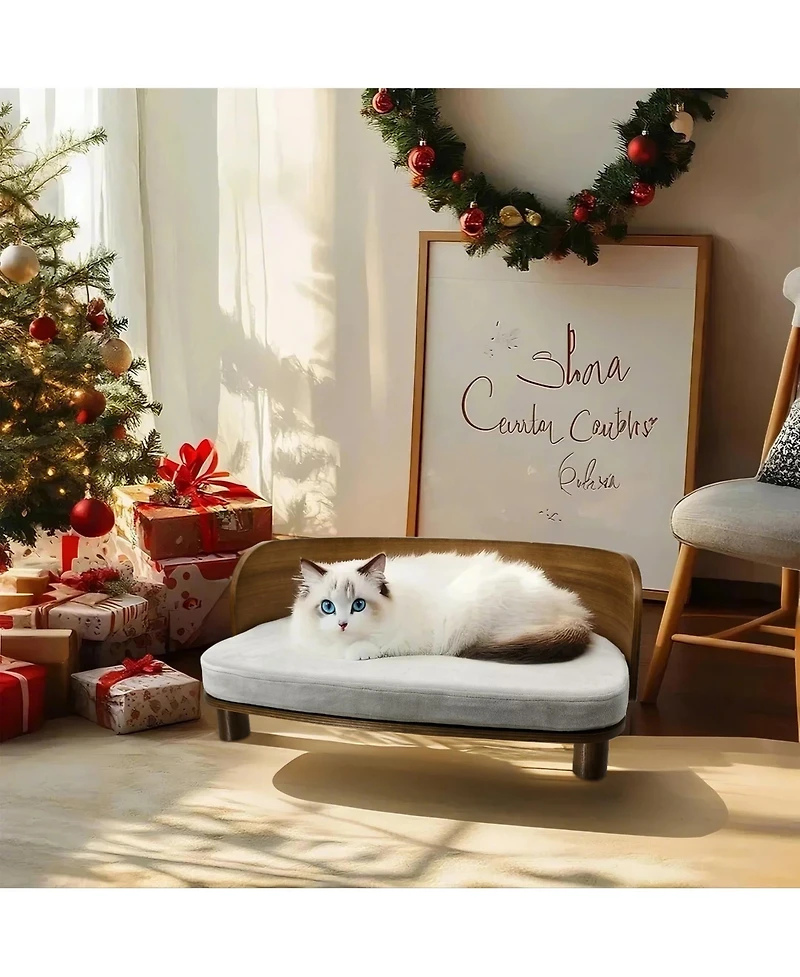 Bingopaw Wooden Elevated Cat&Dog Bed Stool With Pad for Indoor Pets
