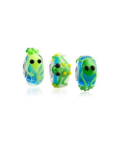 Bling Jewelry Set of 3 Lime Green Lizard & Toad Frog Lampwork Glass Charm Bead Sterling Silver