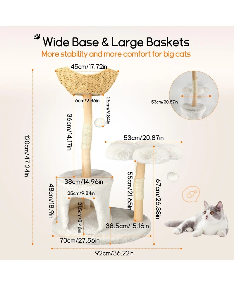 Bingopaw Solid Wood Cat Tree Tower for Indoor Cats With Soft Cushions