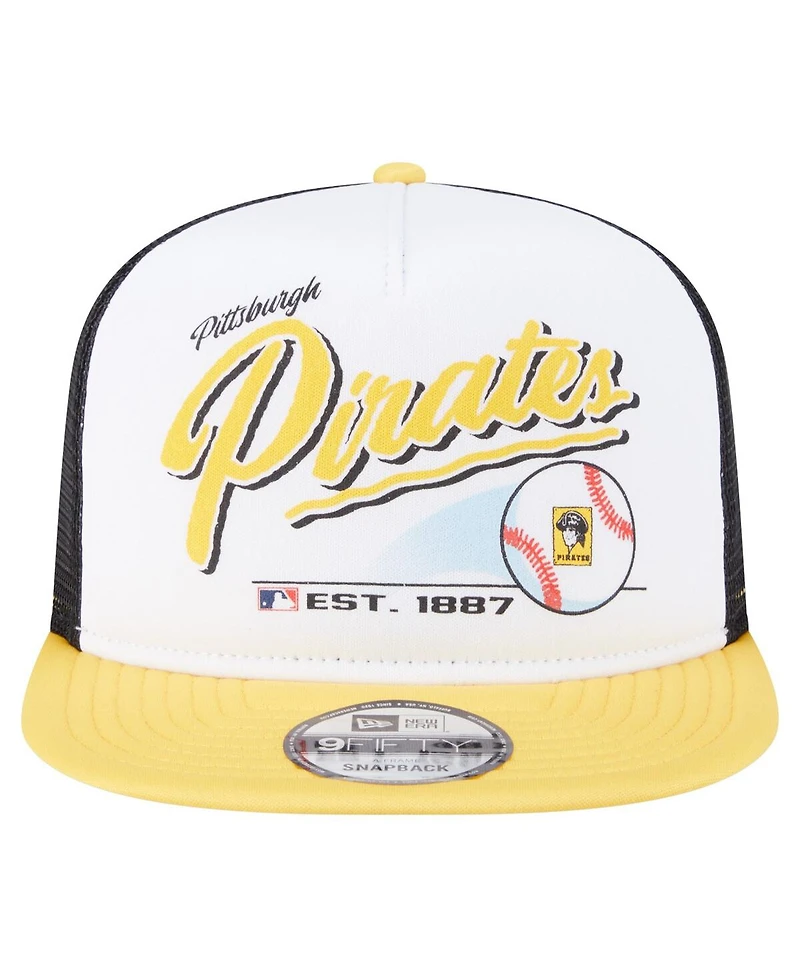New Era Men's White/Gold Pittsburgh Pirates Retro Script Trucker 9FIFTY Snapback Hat