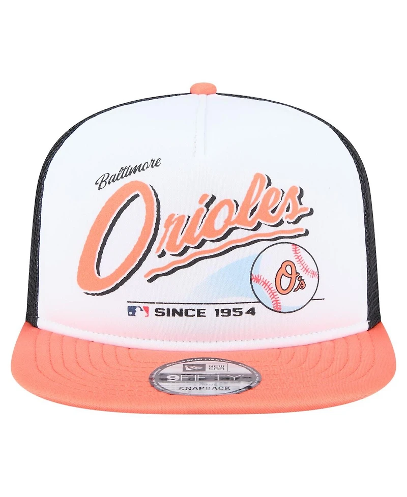 New Era Men's White/Orange Baltimore Orioles Retro Script Trucker 9FIFTY Snapback Hat