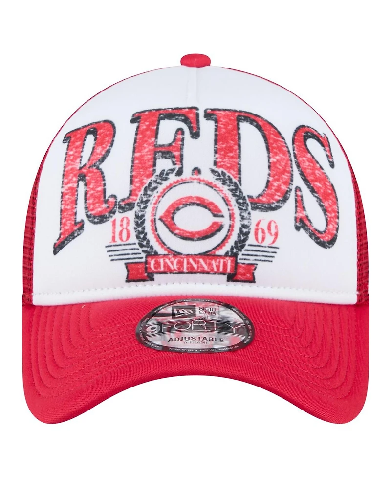 New Era Men's White/Red Cincinnati Reds Distressed 9FORTY A-Frame Adjustable Trucker Hat