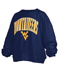Pressbox Women's Navy West Virginia Mountaineers Janise Arch Over Logo Waist Length Oversized Pullover Sweatshirt