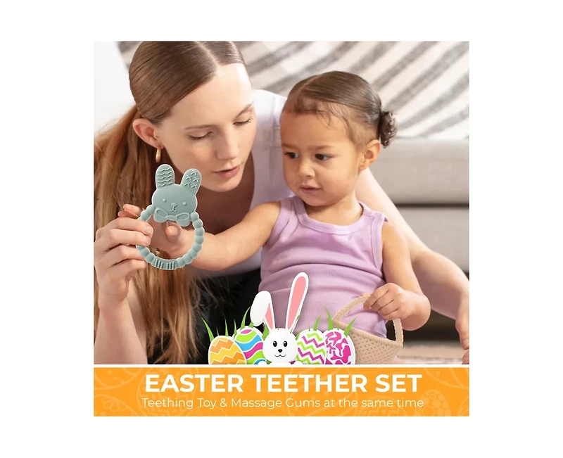 Sperric Toddler Easter Plush and Teether Playset - Squeaky Bunny, Chicken, Egg, Toys Silicone Teethers Perfect Gift for Newborns