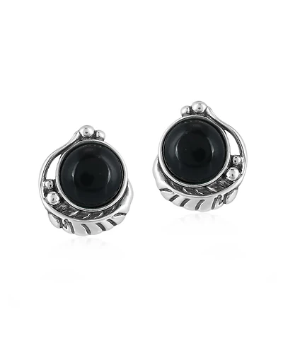 Sterling Silver Black Onyx Leaf Design Button Earrings