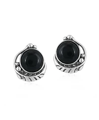 Sterling Silver Black Onyx Leaf Design Button Earrings