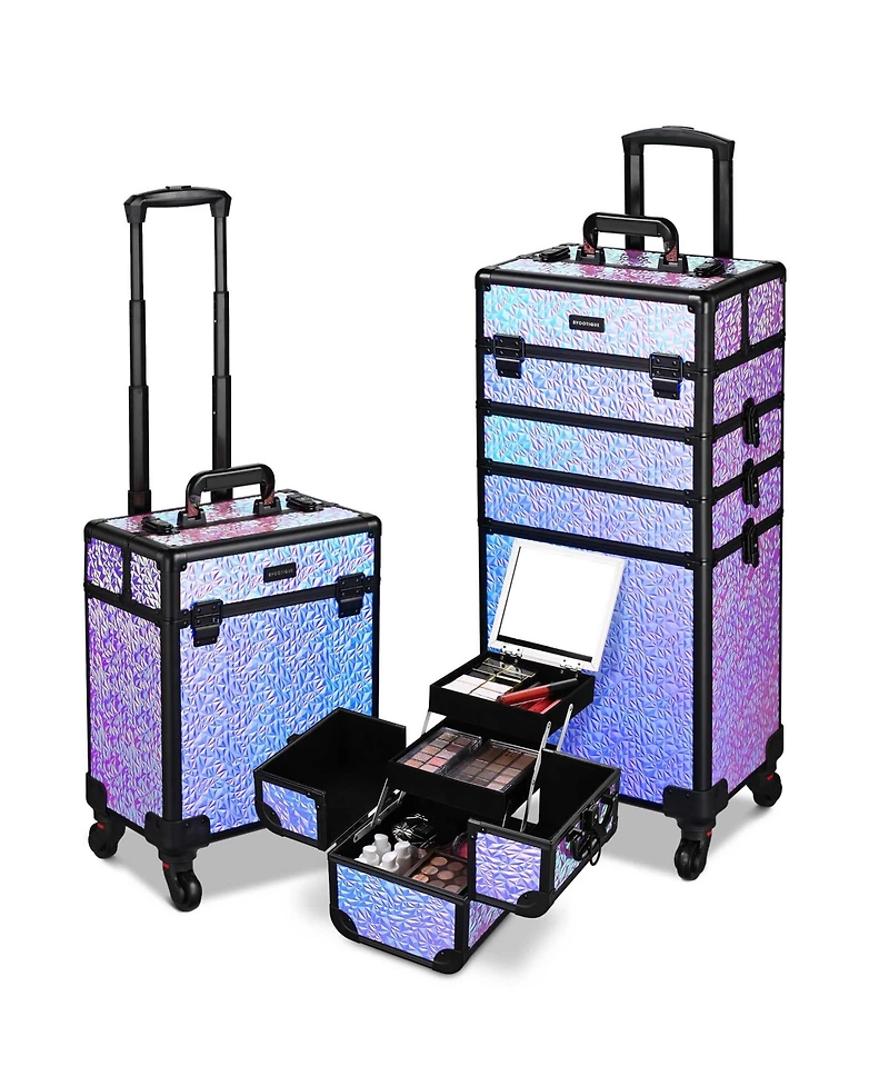 Byootique Rolling Makeup Train Case 3-Piece Cosmetic Organizer Kit Trolley Organizer Travel Case Lockable Salon Barber Case Traveling Cart Trunk with