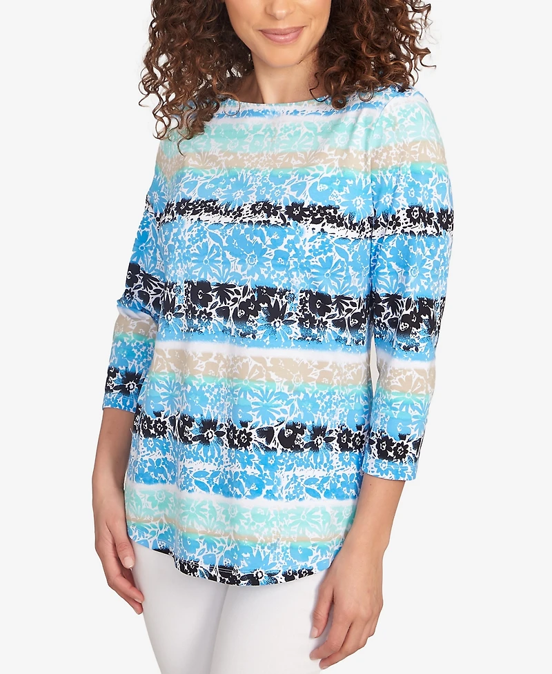 Ruby Rd. Petite Watercolor Floral Stripe Top