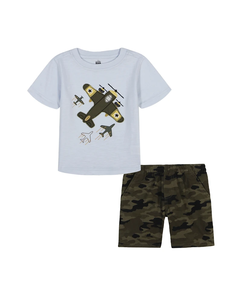 Kids Headquarters Toddler and Little Boys 2-Piece Slub Jersey Graphic T-Shirt Camo Twill Cargo Shorts Set