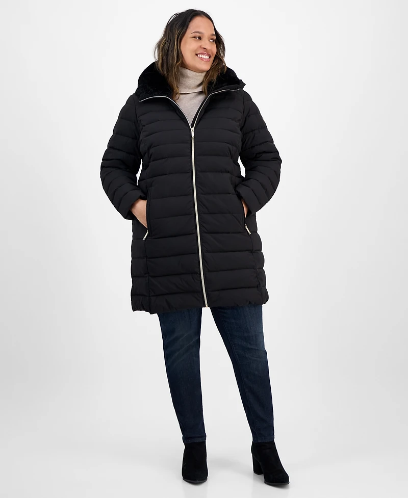 Michael Kors Plus Faux-Fur-Trim Hooded Puffer Coat