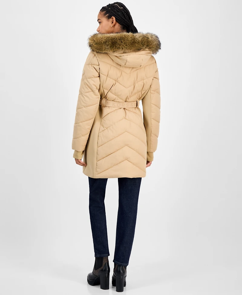 Michael Kors Women's Faux-Fur-Trim Hooded Belted Puffer Coat