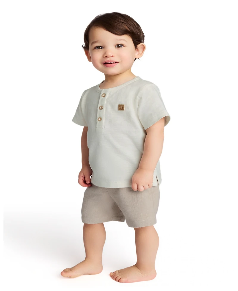 Calvin Klein Baby Boys 2-Piece Slub Jersey Henley T-Shirt and Tonal Plaid Shorts Set