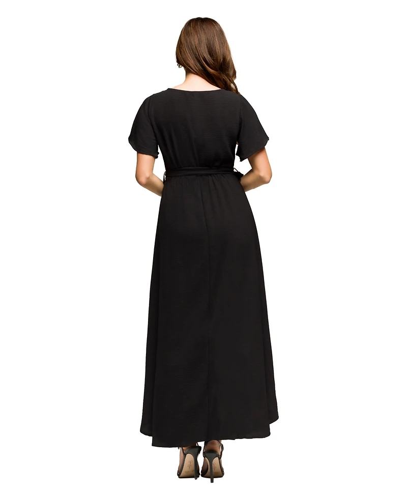 24seven Comfort Apparel Women's V Neck Belted Faux Wrap High Low Dress