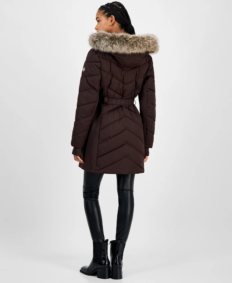 Michael Kors Women's Faux-Fur-Trim Hooded Belted Puffer Coat