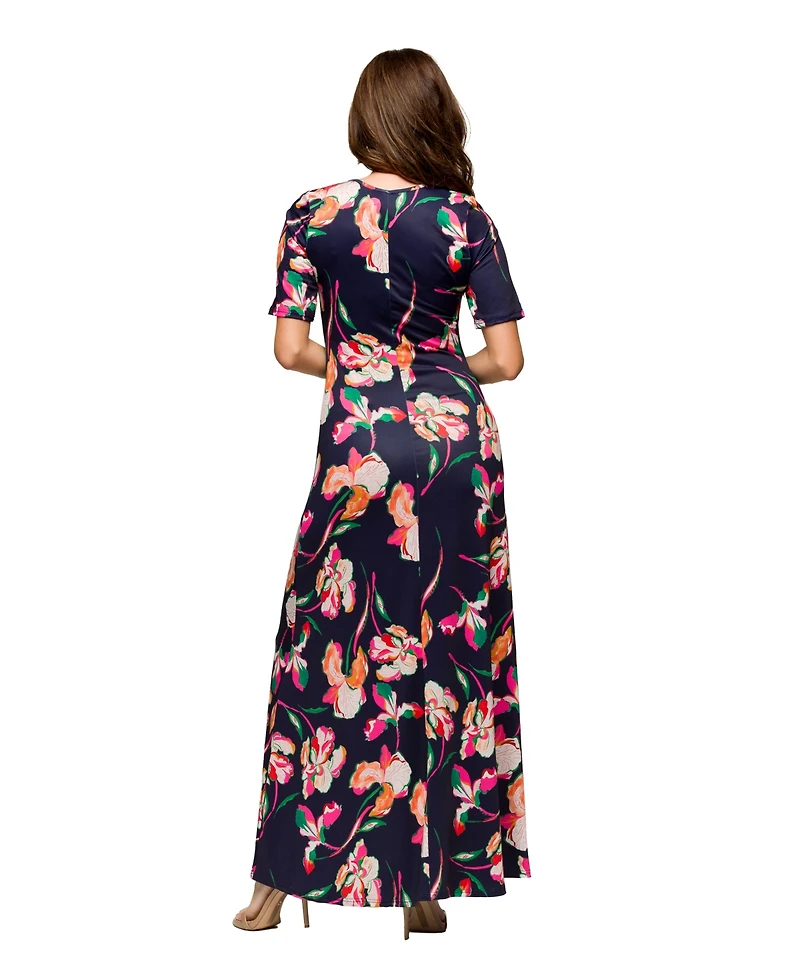 24seven Comfort Apparel Women's Navy Floral Print Elbow Sleeve Casual A Line Maxi Dress
