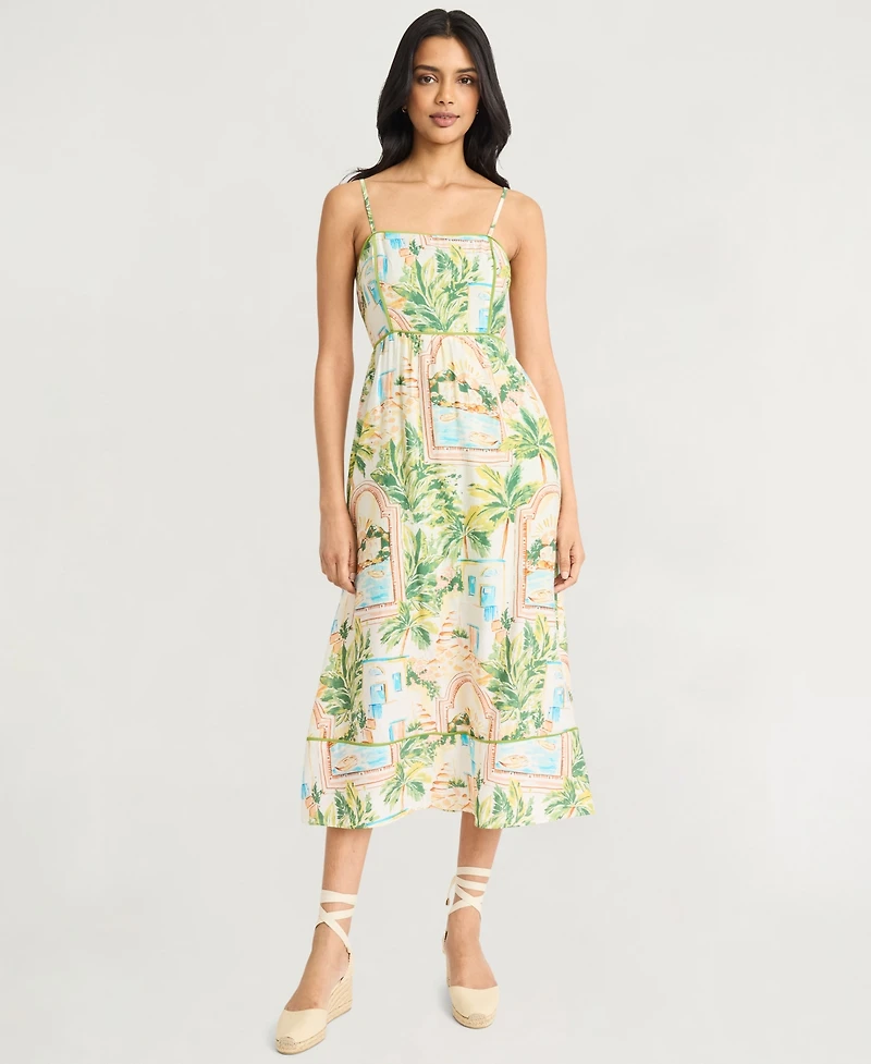 The Good Journey Women's Piping-Trim Postcard-Print Midi Dress