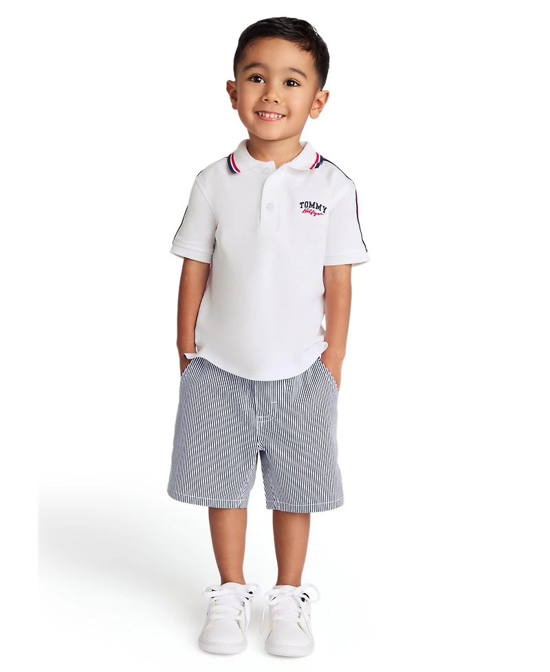 Tommy Hilfiger Toddler Boys 2-Piece Signature Polo Shirt and Yarn-Dyed Stripe Oxford Shorts Sets