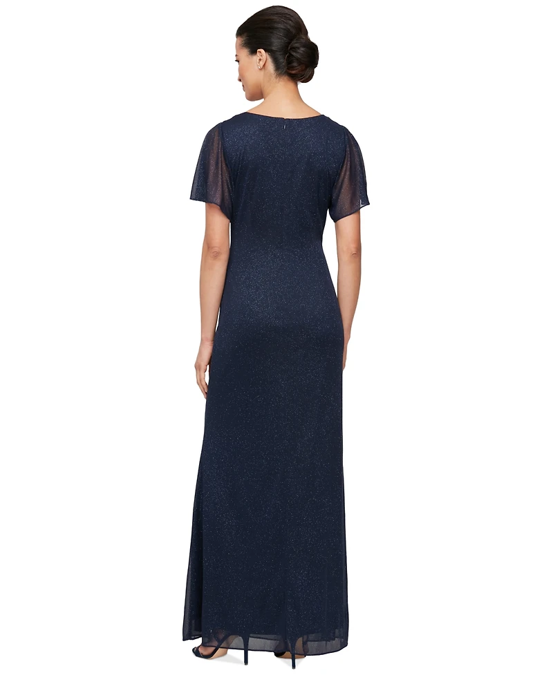 Sl Fashions Petite Flutter-Sleeve Embellished Glitter Gown