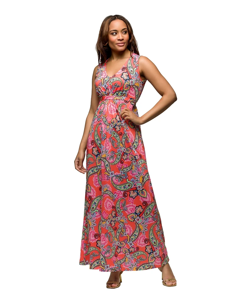 24seven Comfort Apparel Women's Pink Paisley Print V Neck Empire Waist Sleeveless Maxi Dress