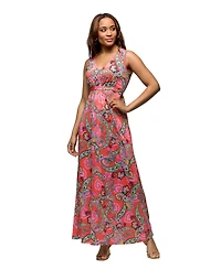 24seven Comfort Apparel Women's Pink Paisley Print V Neck Empire Waist Sleeveless Maxi Dress