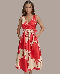 Donna Karan New York Women's Printed Tie-waist V-neck A-line Dress