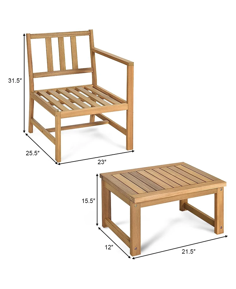 3 in 1 Patio Table Chairs Set Solid Wood Garden Furniture