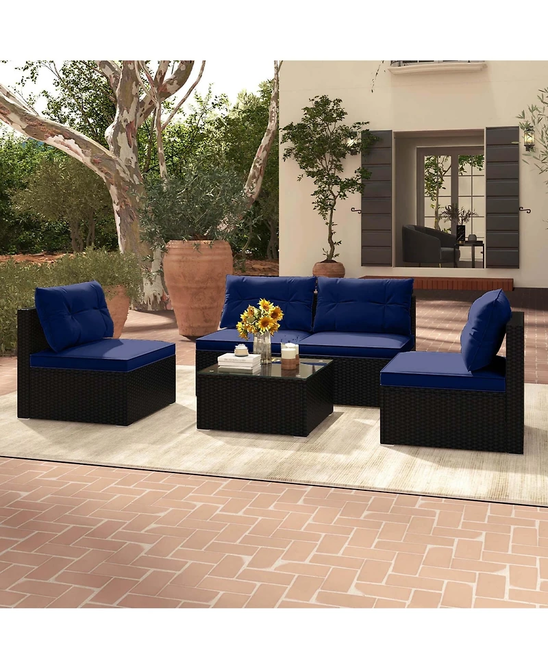 5 Piece Outdoor Furniture Set with Seat & Back Cushions Tempered Glass Tabletop