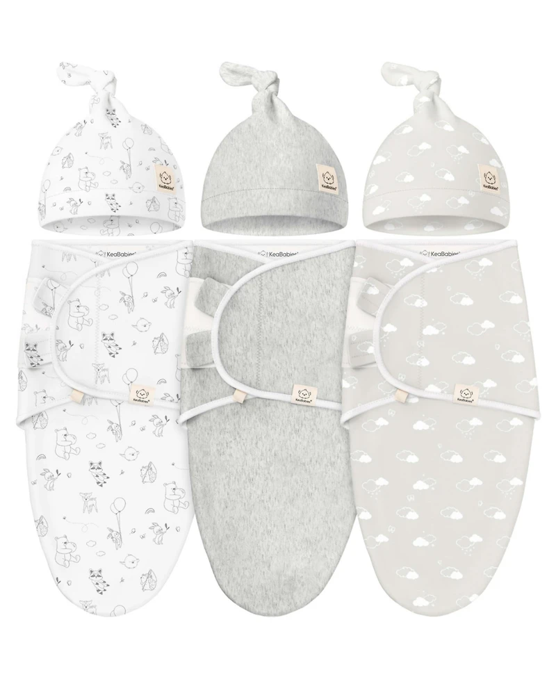 KeaBabies 3-Pack Organic Baby Swaddle Sleep Sacks with Knot Hats, Newborn Swaddles Wrap 0-3 Months, Ergonomic Wearable Blanket