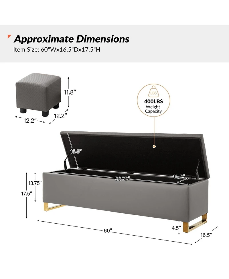 Flora Modern 60" Wide Storage Bench with Two Ottomans