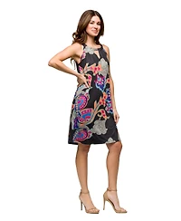 24seven Comfort Apparel Women's Knee Length Black Paisley Print Sleeveless Keyhole Dress