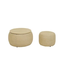 2 in 1 Round Storage Ottoman with Hidden Stool and Wood Top Rattan Fabric Coffee Table for Living Room Bedroom No Assembly Needed-The Pop Home