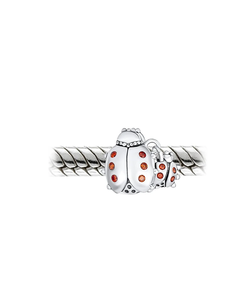 Bling Jewelry Set of 2 Insect Garden Ladybugs Red Cz Dangle Charm Bead Enamel Sterling Silver