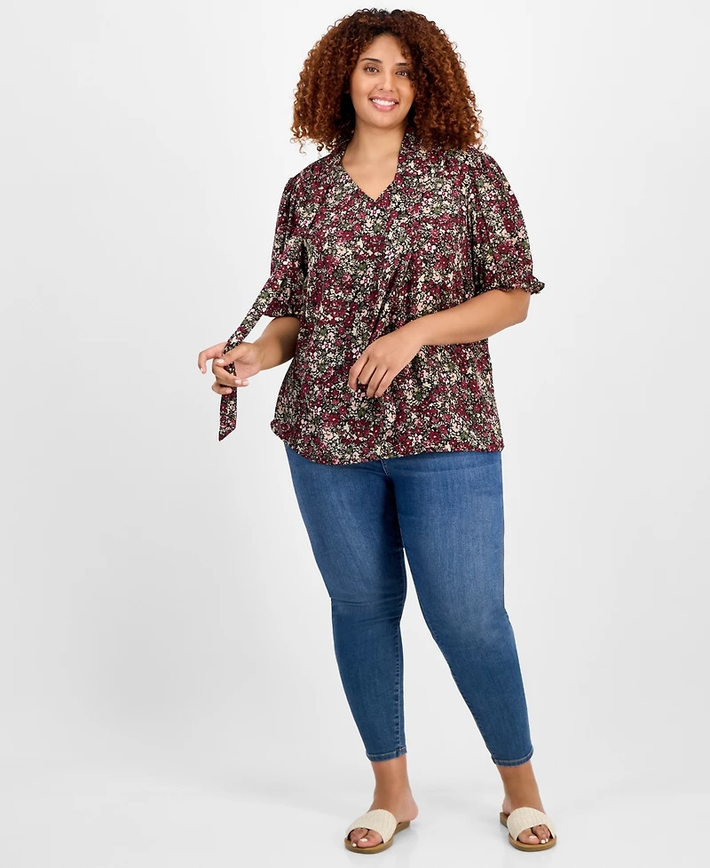 Jones New York Plus Printed Tie-Neck Short-Puff-Sleeve Blouse